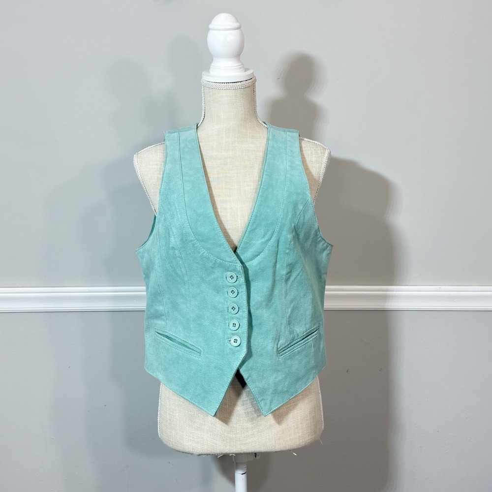 Scully Suede Leather Vest Womans Sz M Western Teal Blue Boho Button Front Rodeo